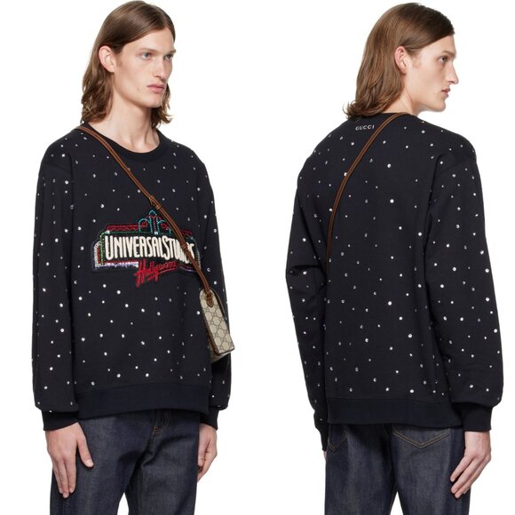 GUCCI SWEATSHIRT BLACK COTTON UNIVERSAL STUDIOS HOLLYWOOD CRYSTAL TOP sz L - Picture 2 of 15